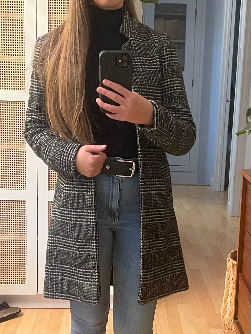 H&M Black & White Plaid Mid-Length Trench Coat - size 2